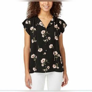 NEW Buffalo David Bitton Floral Jacquard Blouse Cottage Summer Black Pink XL